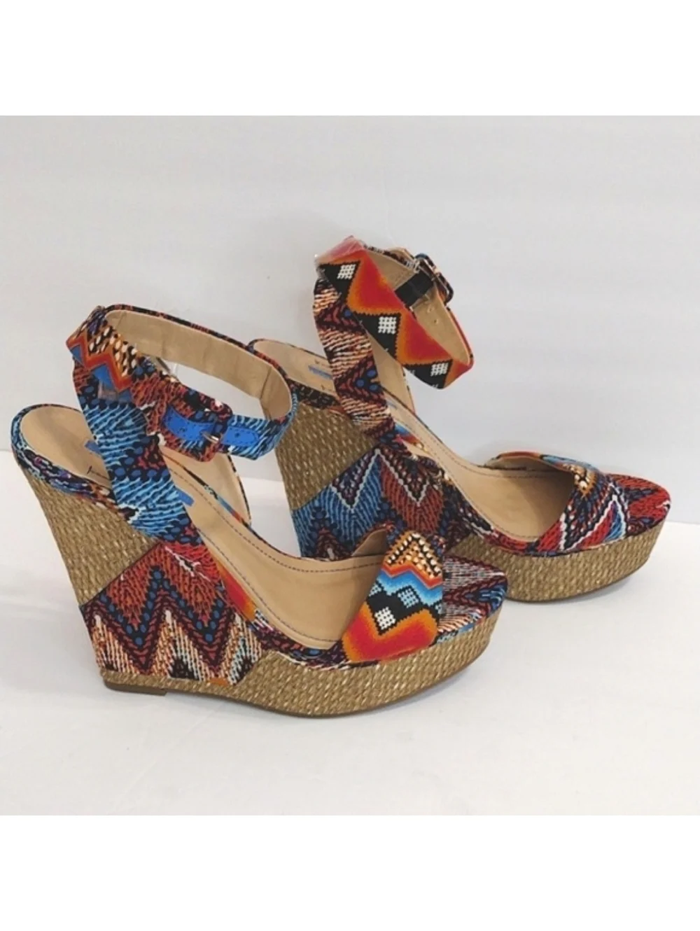 BCBGeneration Women's Colorful Geometric Patterned Wedge Sandals, Size 7.5